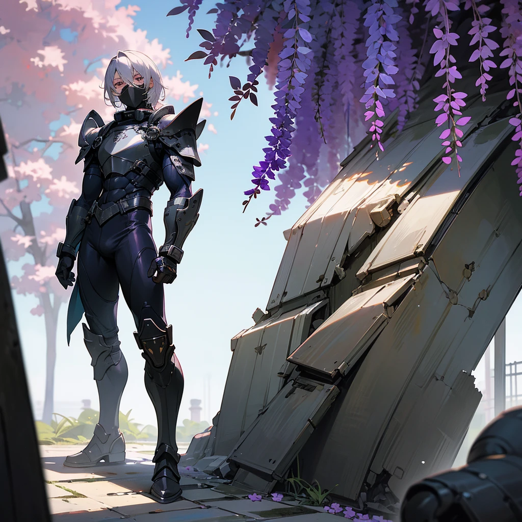 1male, young adult, dark skin, finely detailed plum eyes, wild medium hair, seashell white hair color, full body combat suit, shoulder armor pieces, combat boots, baggy miltarty combat pants, standing on ruined building, day time, tokyo streets, somber expression, muscular, tattoos, wisteria flowers, scars, gasmask