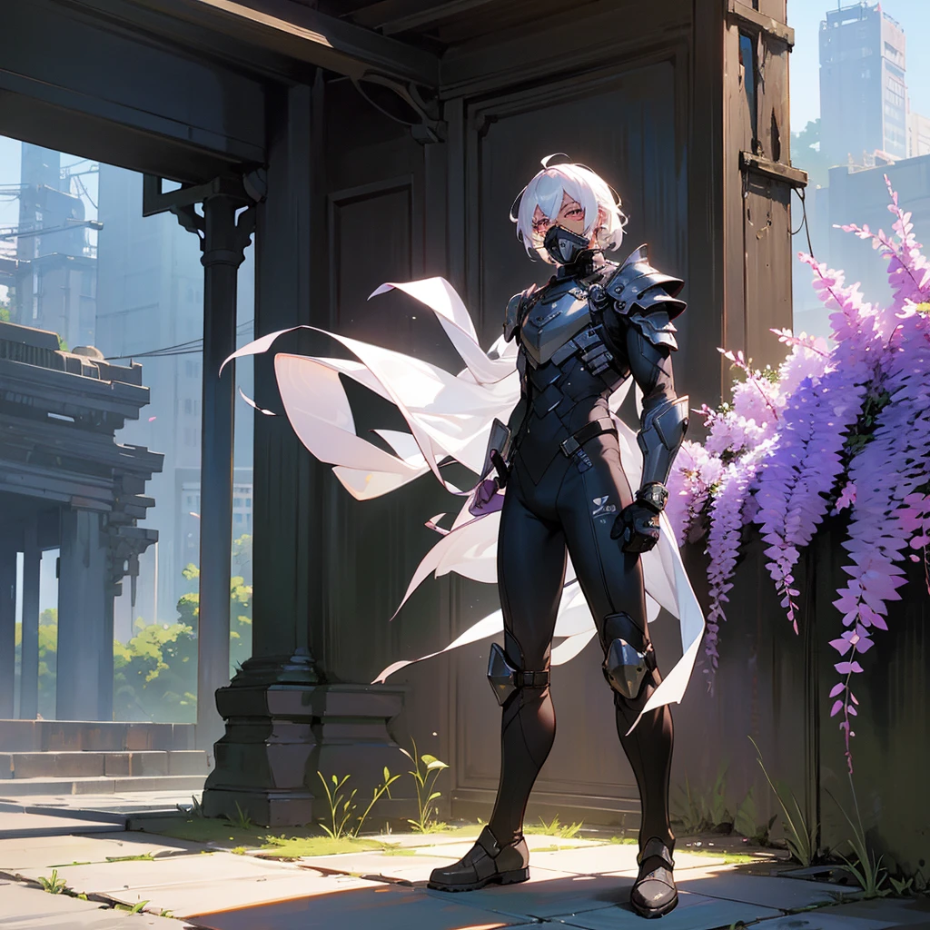 1male, young adult, dark skin, finely detailed plum eyes, wild medium hair, seashell white hair color, full body combat suit, shoulder armor pieces, combat boots, baggy miltarty combat pants, standing on ruined building, day time, tokyo streets, somber expression, muscular, tattoos, wisteria flowers, scars, gasmask