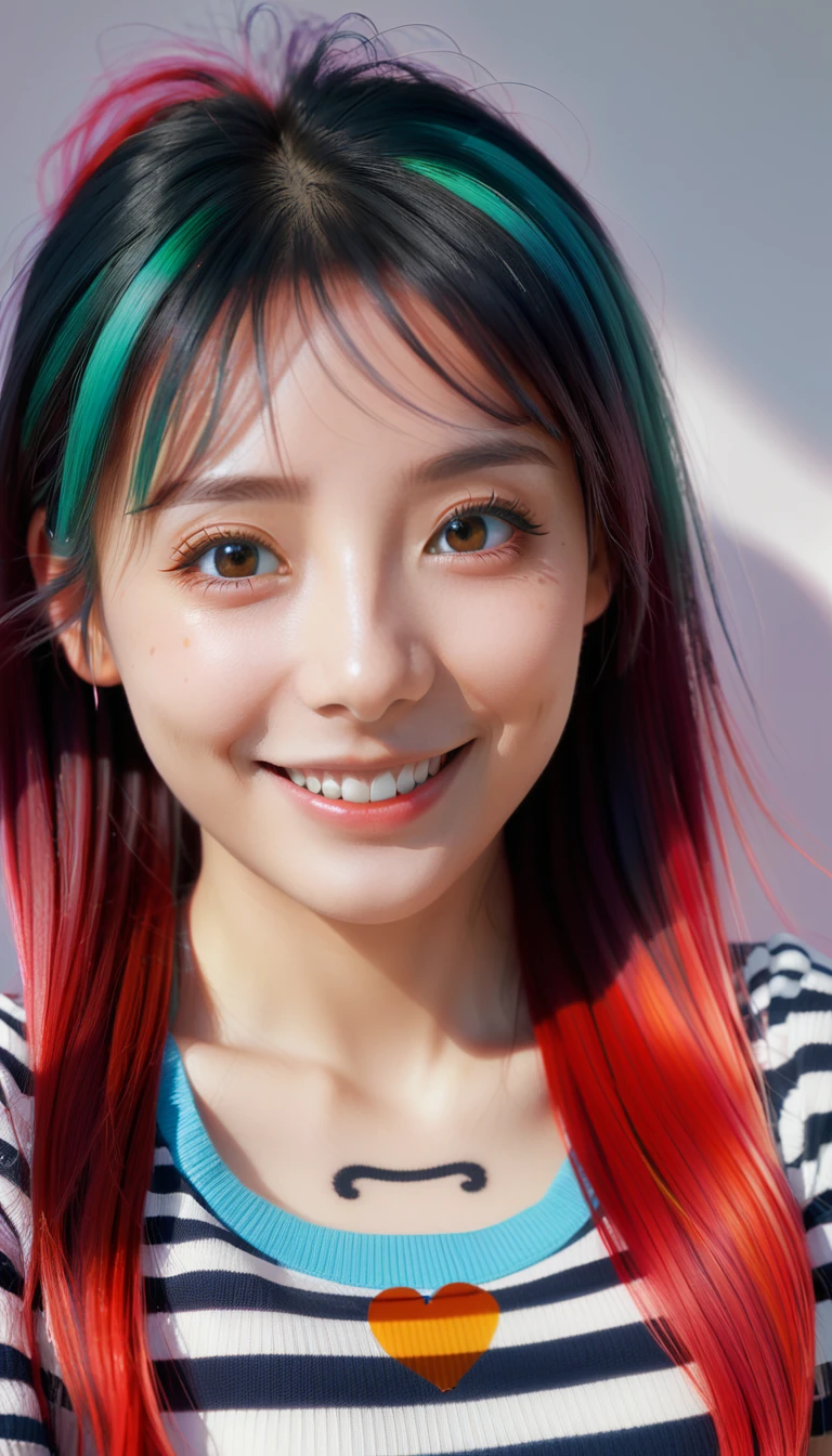black hair, long eyelashes, light smile, tusk, striped hair, multicolored hair, colored inner hair, red hair, hairpin, Under-eye moles, incompatible students, empty eyes, empty eyes, Dilated pupils, heart shaped eyes, smiling, shadow, Anaglyph, depth of field, motion blur, brightness, color field painting, animation style, 8K, super detail, best quality, uhd, 8K