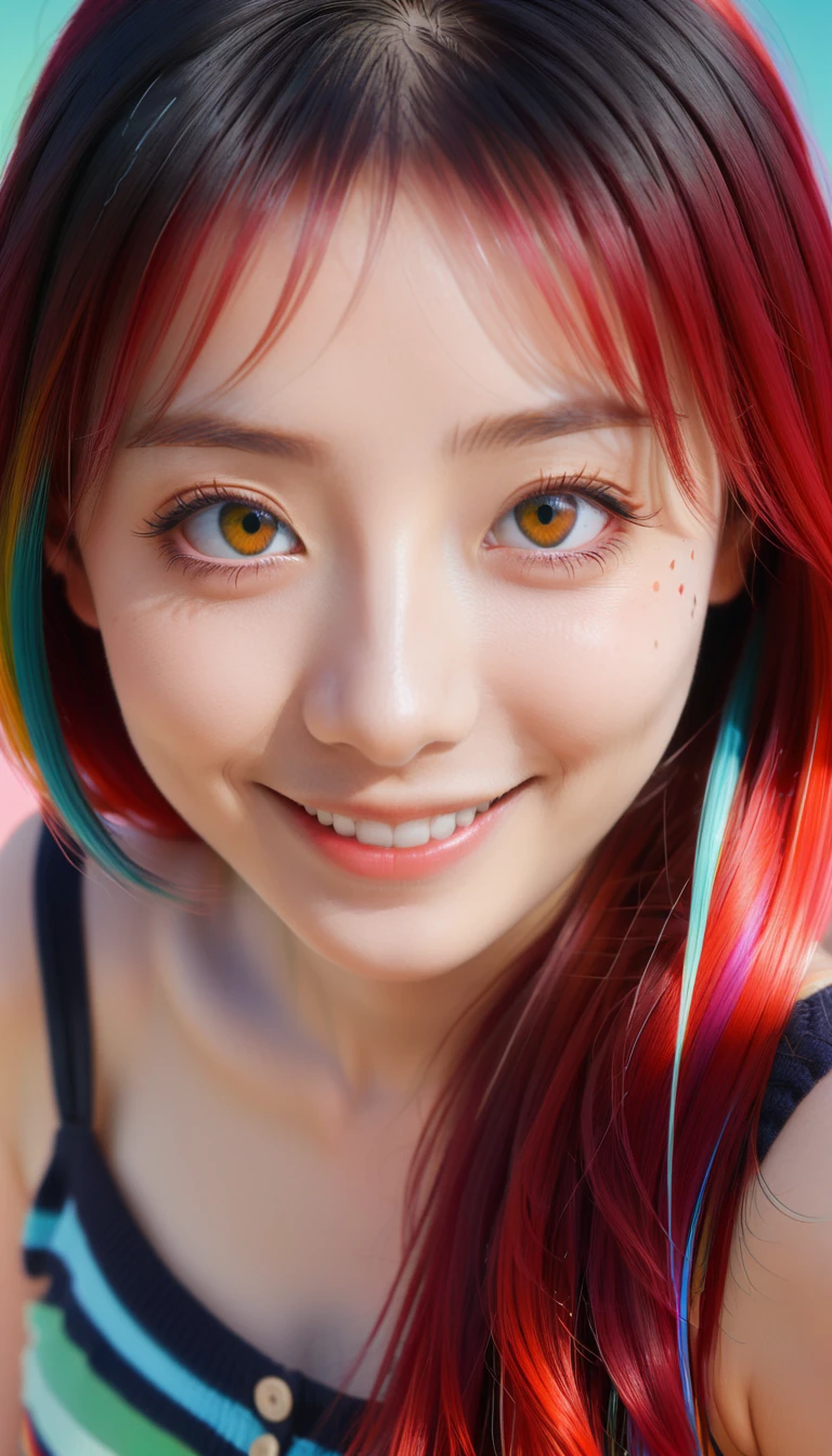 black hair, long eyelashes, light smile, tusk, striped hair, multicolored hair, colored inner hair, red hair, hairpin, Under-eye moles, incompatible students, empty eyes, empty eyes, Dilated pupils, heart shaped eyes, smiling, shadow, Anaglyph, depth of field, motion blur, brightness, color field painting, animation style, 8K, super detail, best quality, uhd, 8K