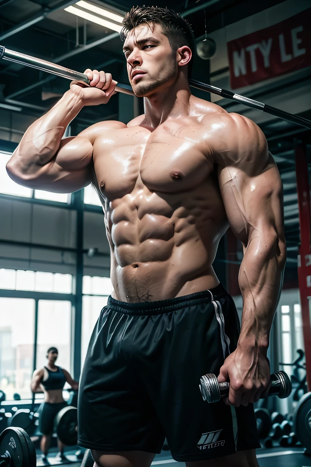 A realistic scene of a muscular man intensely weightlifting in a gym. He is lifting heavy weights, with well-defined and sweaty muscles. In the background, gym equipment and dumbbells reflect the bustling atmosphere of a gym environment. The lighting accentuates his athletic physique and the intensity of the workout.