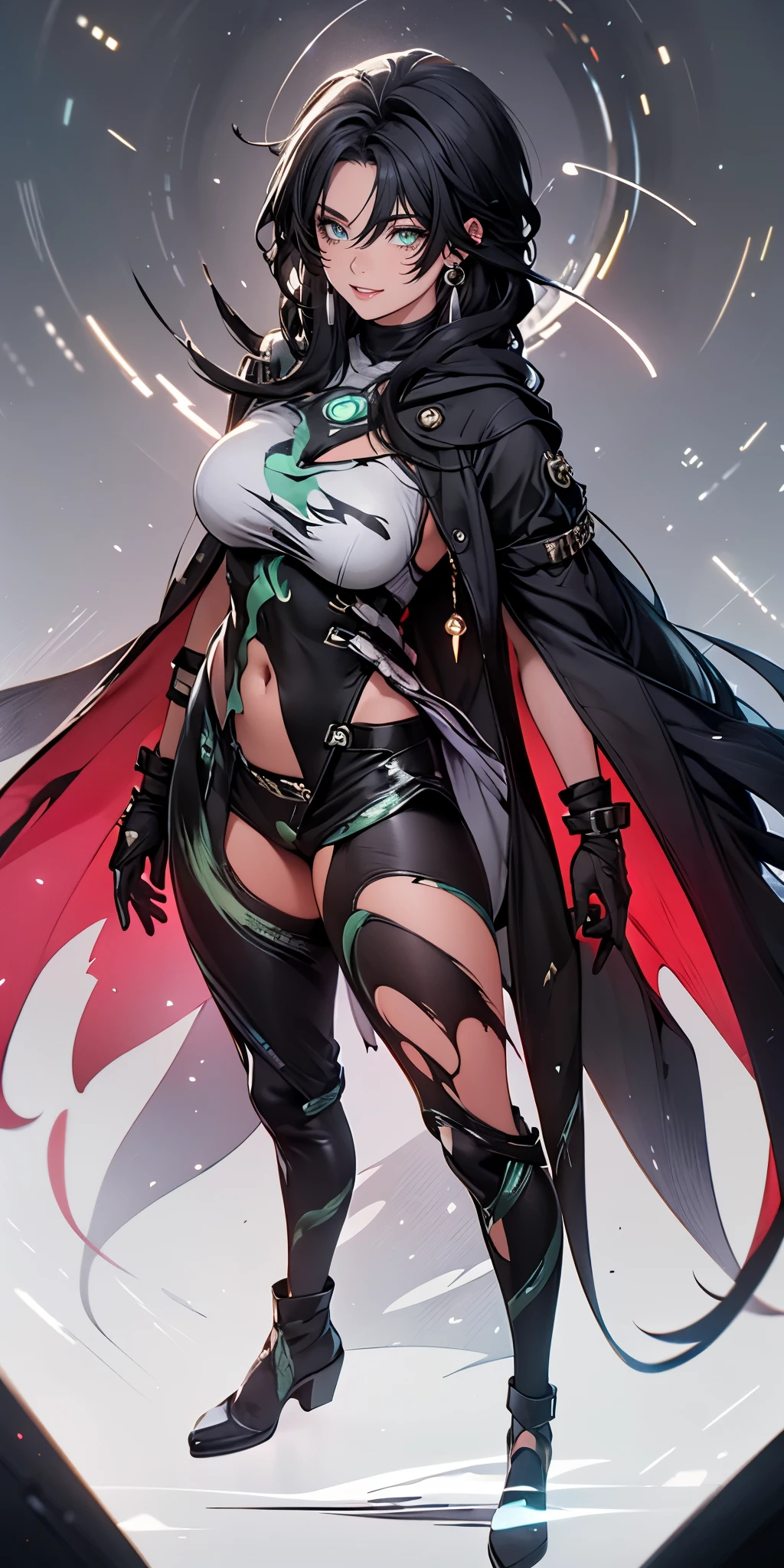 jianxindef, (long hair, gradient hair, black hair:1.3), parted bangs, breasts, epic art, fantasy, anatomically correct, torn_clothes, 1girl, torn_legwear, breasts, leotard, looking_at_viewer, solo, smile, hood, standing, large_breasts, covered_navel, hood_up, full_body, cloak, gloves, black_leotard, bodysuit, boots, black_footwear, pantyhose, closed_mouth, navel, glowing, high_heels, science_fiction, bodystocking, nsfw art, nsfw, hollow eyes, bright pupils, green eyes, looking at viewer. glowing eyes heavy breathing, seductive smile, lips, 