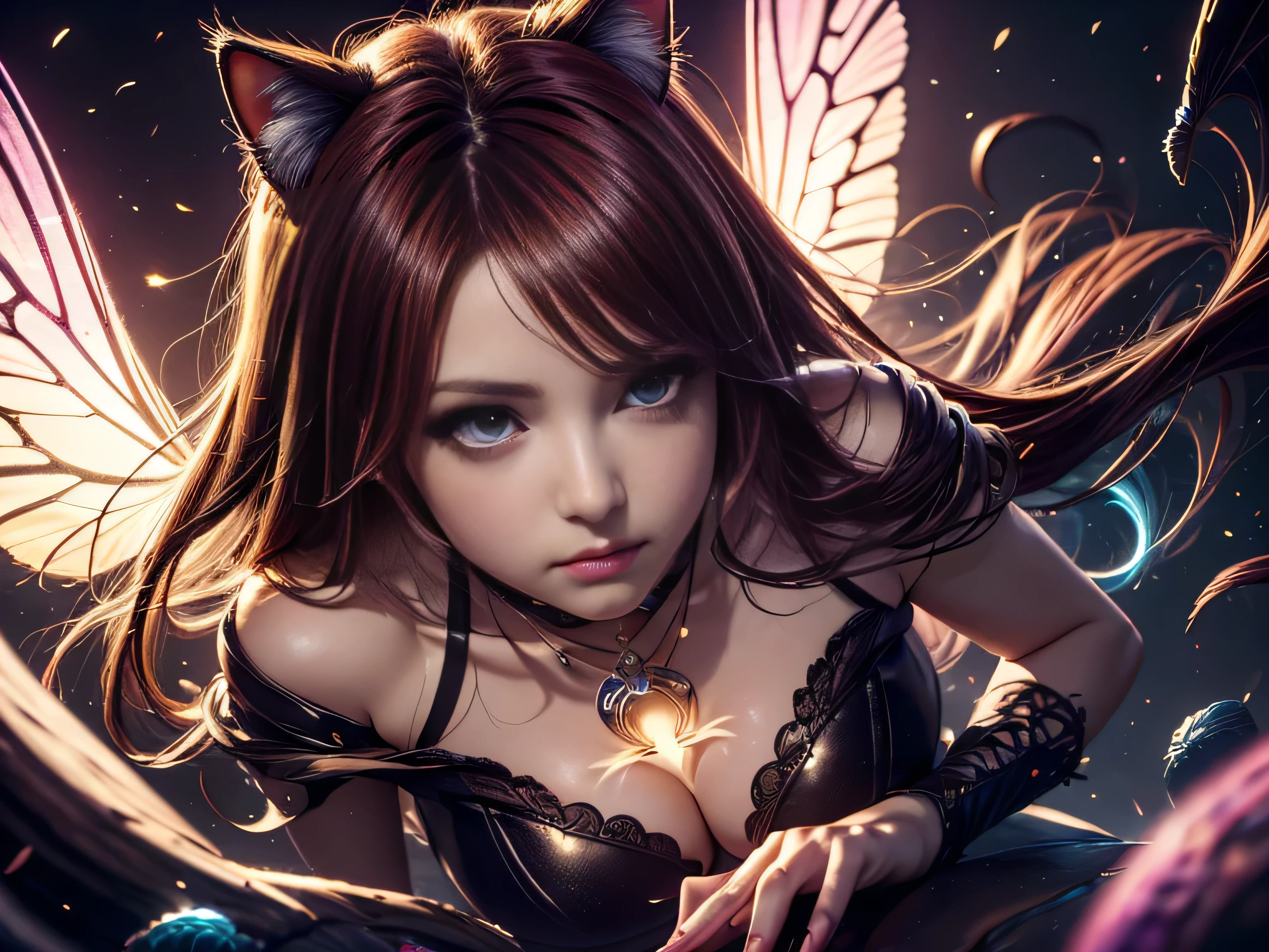 (Best Quality, 8K, Masterpiece, HDR, Soft Lighting, Picture Perfect, Realistic, Vivid), Cat Girl (1.0), Cat Girl with Red Hair and brown eyes and Sexy Revealing Clothes, Pink Bodysuit with Glitter Texture, Beautiful Anime Fantasy, Very beautiful and cute cat girl, large pink butterflies fly around, background blur, anime fantasy, work in Gouves style, realistic: 1.37, top view, red cat girl lies in blue flowers, large pink butterflies fly around, horizontal view, (Ultra High Quality Fantasy Art), Masterpiece, Female Model, Ultra High Quality Female Character Designs, Detailed 8k Anime Art, Realistic Anime Art, Highest Quality Wallpapers, Intricate Ultra High Quality Accurate Female Character Faces, High Quality Designs and Accurate Physics (Fantasy - Ultra High Quality) quality) quality)) art), dark fantasy style), masterpieces, super high-quality characters, anime resolution - 8K, realistic anime art, wallpaper with the highest quality illustrations, ultra-high detail of faces, high-quality design and accurate physics), color, depth of field, shadows, ray tracing, high quality workmanship. -high quality and 8K resolution, (Accurate simulation of the interaction of light and materials)], [High-quality hair detail [More about beautiful and shiny red hair]], (Beautifully detailed hands [perfect fingers [Perfect nails]]], (perfect anatomy (perfect proportions)))) [[Full-length]], [Perfect combination of colors (Accurate imitation of the interaction of light and material)], [art that conveys the meaning of the story](modified)