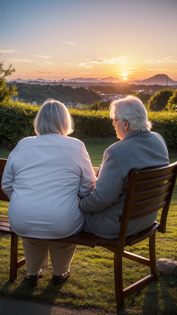 (Two slightly fat white-haired elderly people),Back on the bench,Leaning together,(looking at the sunset),(peaceful), Sky,Cartoon,