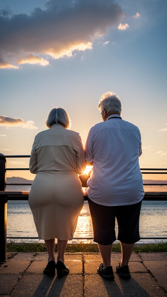 (Two slightly fat white-haired elderly people),Back on the bench,Leaning together,(looking at the sunset),(peaceful), Sky,Cartoon,