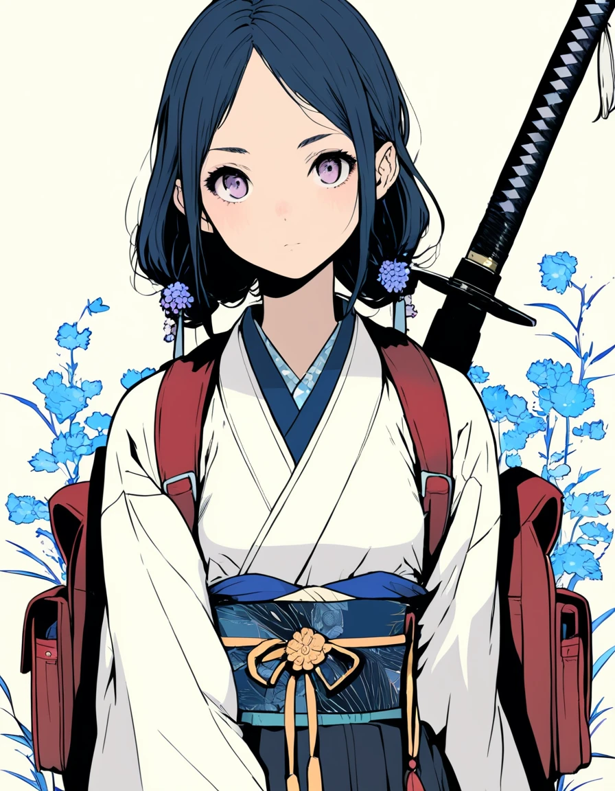 ultra-detailed:1.3, ultra delicate and detailed face:1.3, (absurdres, texture, masterpiece), pixiv contest winner, by Posuka Demizu, dynamic manga-style illustration of slender girl wearing mix of traditional Japanese clothing and modern accessories. She holds katana and has backpack, with flower in her hair. The background is soft and minimalistic, emphasizing the cute and deicate nature of the character.