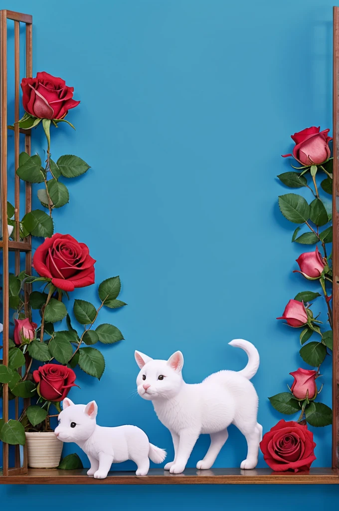 blue background with rose, baby animals in animation and with the word nursery