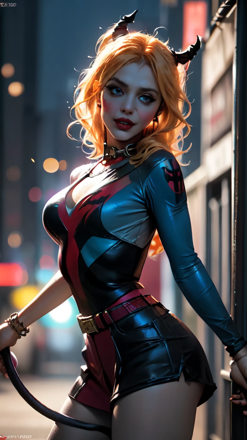 Fictional female villain from Marvel, (detailed beautiful female face, beautiful eyes, eyeshadow), ((Harley Quinn, Mystique, witch, demon, vampire, devil mix face and clothes)), New York, Manhattan cityscape, dynamic movement, best quality, masterpiece: 1.3, 8k, realistic, photorealistic: 1.5, ultra detailed, best quality, ultra high resolution, pose, blonde, messy hair, long hair blowing in the wind, professional lighting, (bokeh: 1.2), 1 female, solo,