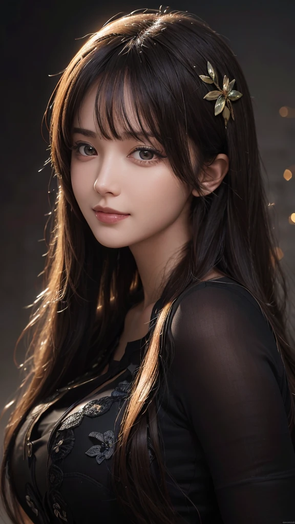 (Ultra Realistic), (Illustration), (Increased Resolution), (8K), (Extremely Detailed), (Best Illustration), (Beautiful and Detailed Eyes), (Best Quality), (Ultra Detailed), (Masterpiece ), ( wallpaper), (detailed face), solo, 1 girl, looking at viewer, fine details, detailed face, in the dark, deep shadows, low key, pureerosfaceace_v1, smiling, long hair, black shawl straight hair , 46 points oblique bangs