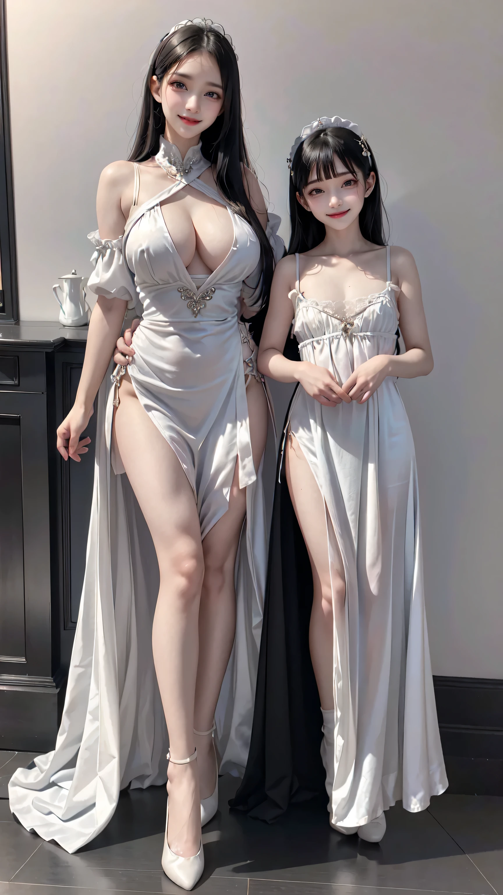 see through clothes(Full body female love:1.3),best quality, masterpiece, ultra high resolution, (lifelike:1.4), original photo, 1 female,30 years old, black hair, big eyes, Detailed eyes and face,huge breasts,split,long legs,Belted robe open ,bare shoulder,no underwear:1.5,see through clothes,Hollow material white clothes,kitchen:1.3,Smile、sleeveless costume、((Maid clothes))、((She is carrying her daughter))、Extremely revealing clothing、A young but sexually attractive daughter