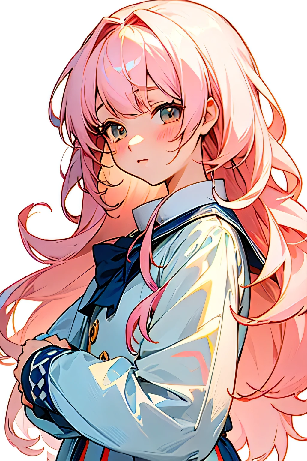 Anime Moe Art Style, Anime Style 4K,(Transparent), (((masterpiece))), (((The best quality at its best))), ((Super detailed)), (Highly detailed CG illustrations), ((Extremely delicate and beautiful)),(Cute and delicate face),One cute girl, Light pink hair, Fluffy long hair, Bangs, Plain white background, Navy blue jacket, White shirt, Red skirt uniform,Images for icons,