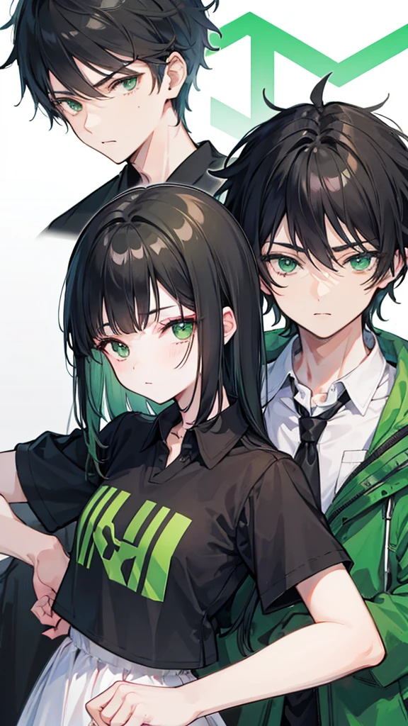 Boy and girl with black hair and green eyes