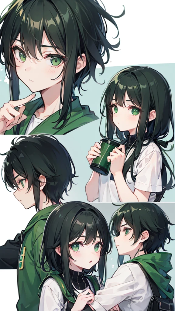 Boy and girl with black hair and green eyes