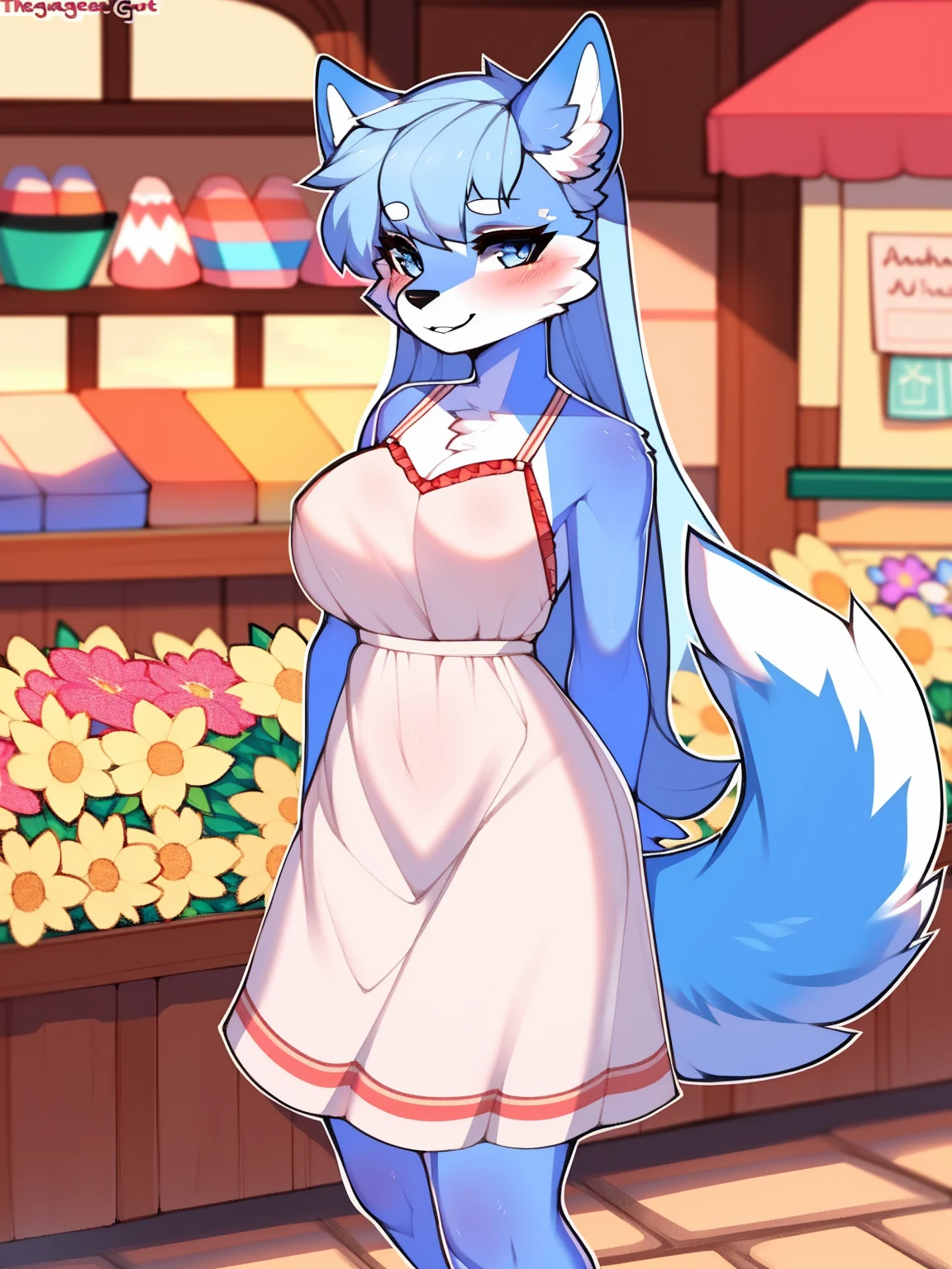 sfw, by claweddrip, by ressue, by pudgeruffian, by fleet-foot, by thericegoat, best quality, masterpiece, Animal crossing, (Whitney), solo, female, wolf, wolf tail, (wolf ears), light blue hair, long straight hair, (light blue fur), light blue eyes, bright eyes, medium breast, (sundress), flower pattern, frills, market scenery