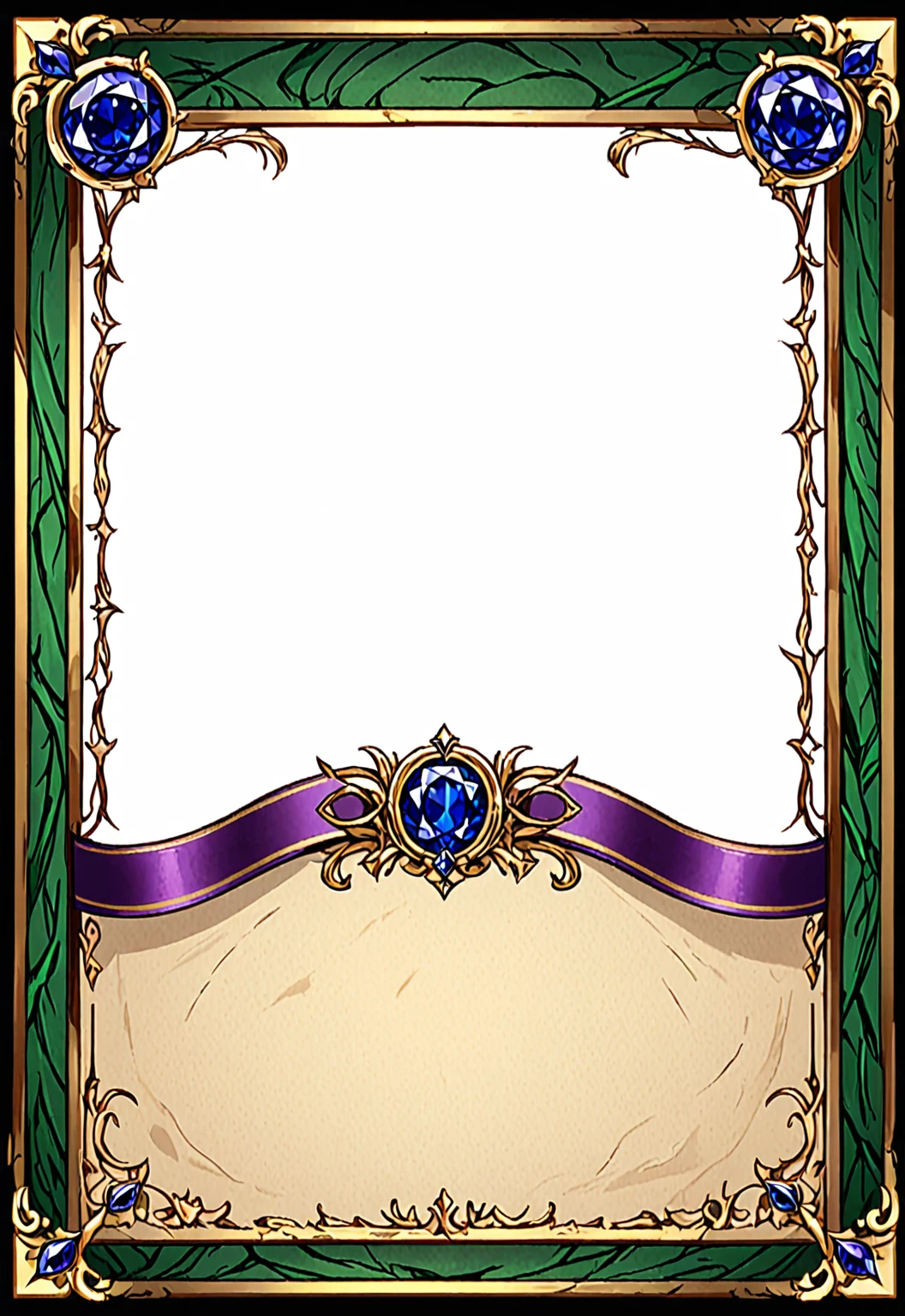 A card border UI,Medieval European aristocracy design,Noble and elegant dark style,There is a lavender ribbon in the middle with the card name.,There is a ruby under the bezel,There are sapphires on the left and right corners.。Redwood frame,Parchment backing,There are blood stains on it。Deep Red、Emerald Green、Gold main tone。