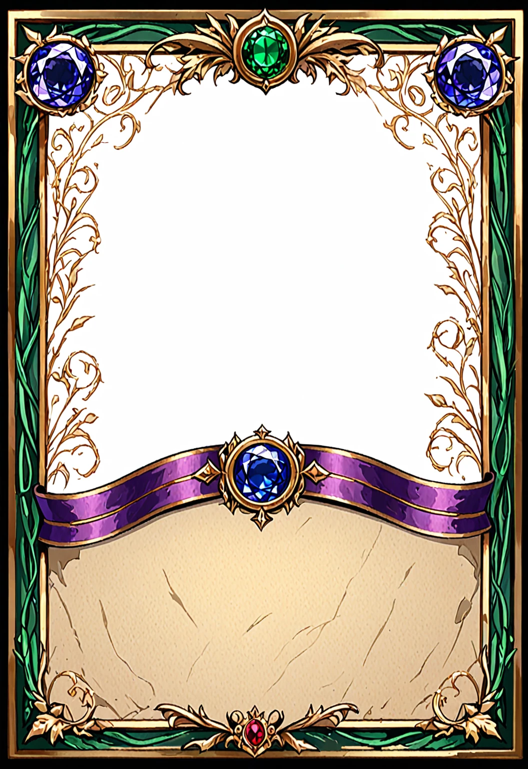 A card border UI,Medieval European aristocracy design,Noble and elegant dark style,There is a lavender ribbon in the middle with the card name.,There is a ruby under the bezel,There are sapphires on the left and right corners.。Redwood frame,Parchment backing,There are blood stains on it。Deep Red、Emerald Green、Gold main tone。