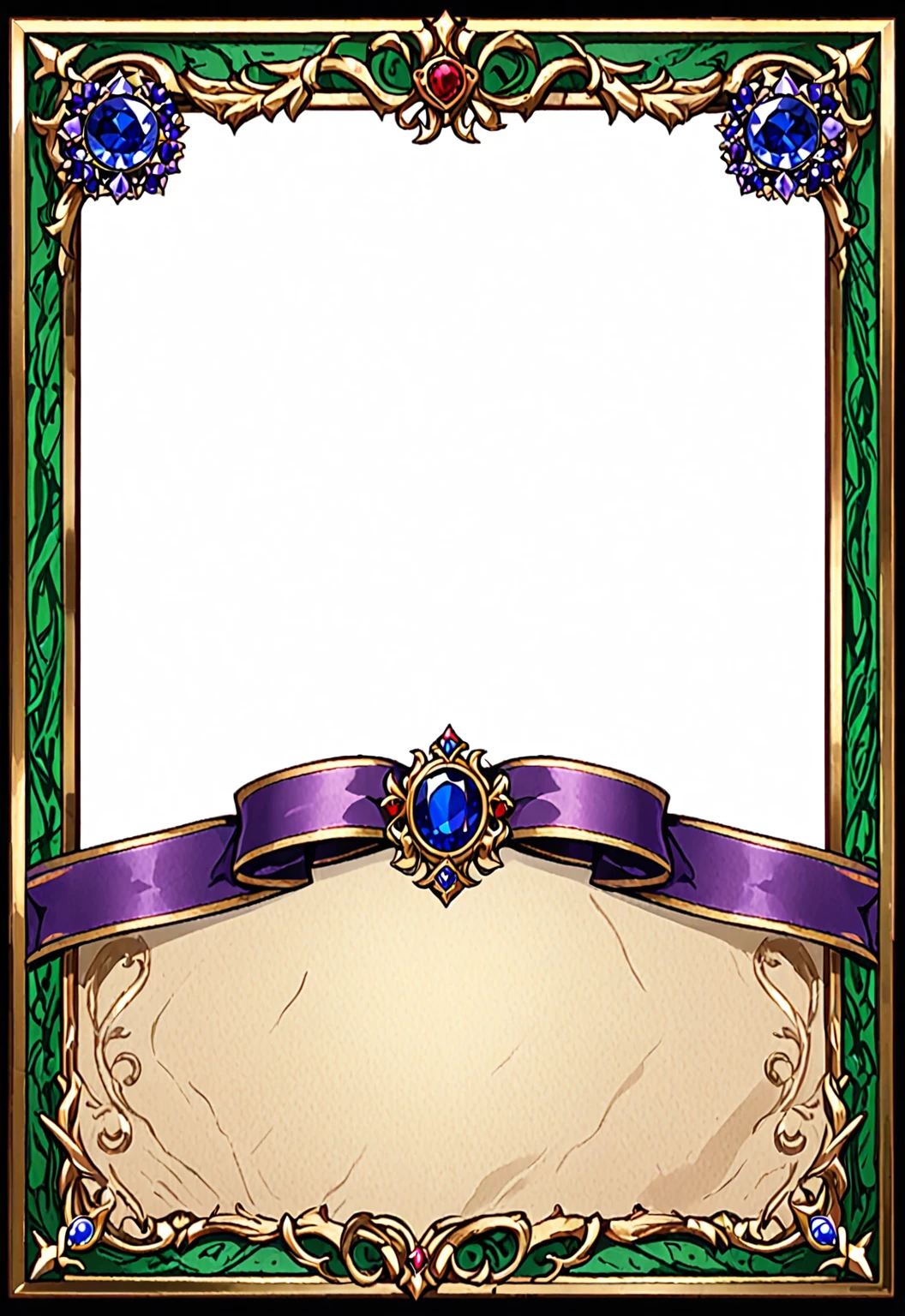 A card border UI,Medieval European aristocracy design,Noble and elegant dark style,There is a lavender ribbon in the middle with the card name.,There is a ruby under the bezel,There are sapphires on the left and right corners.。Redwood frame,Parchment backing,There are blood stains on it。Deep Red、Emerald Green、Gold main tone。