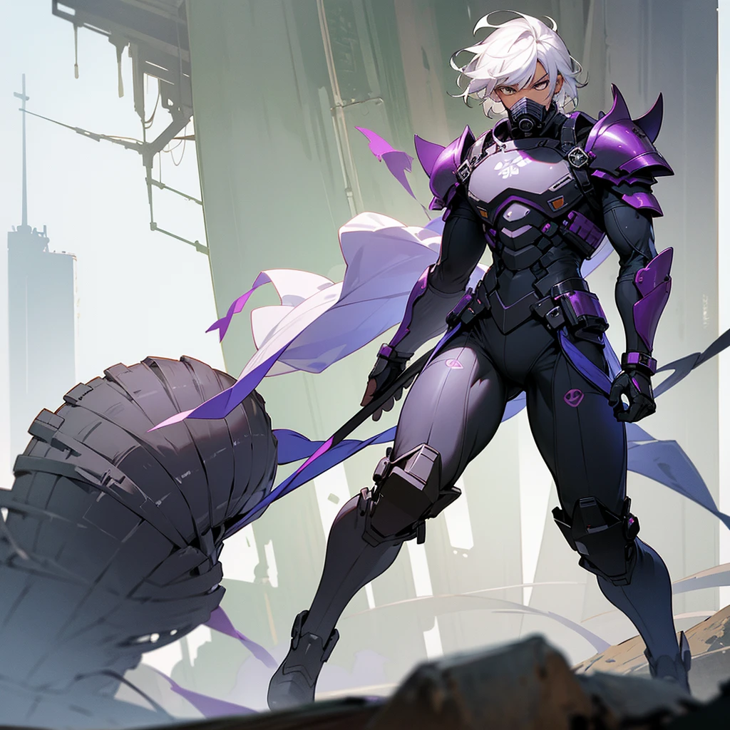 1male, young adult, dark skin, finely detailed plum eyes, wild medium hair, seashell white hair color, full body combat suit, shoulder armor pieces, combat boots, baggy miltarty combat pants, standing on ruined building, day time, tokyo streets, somber expression, muscular, tattoos, wisteria flowers, scars, gasmask