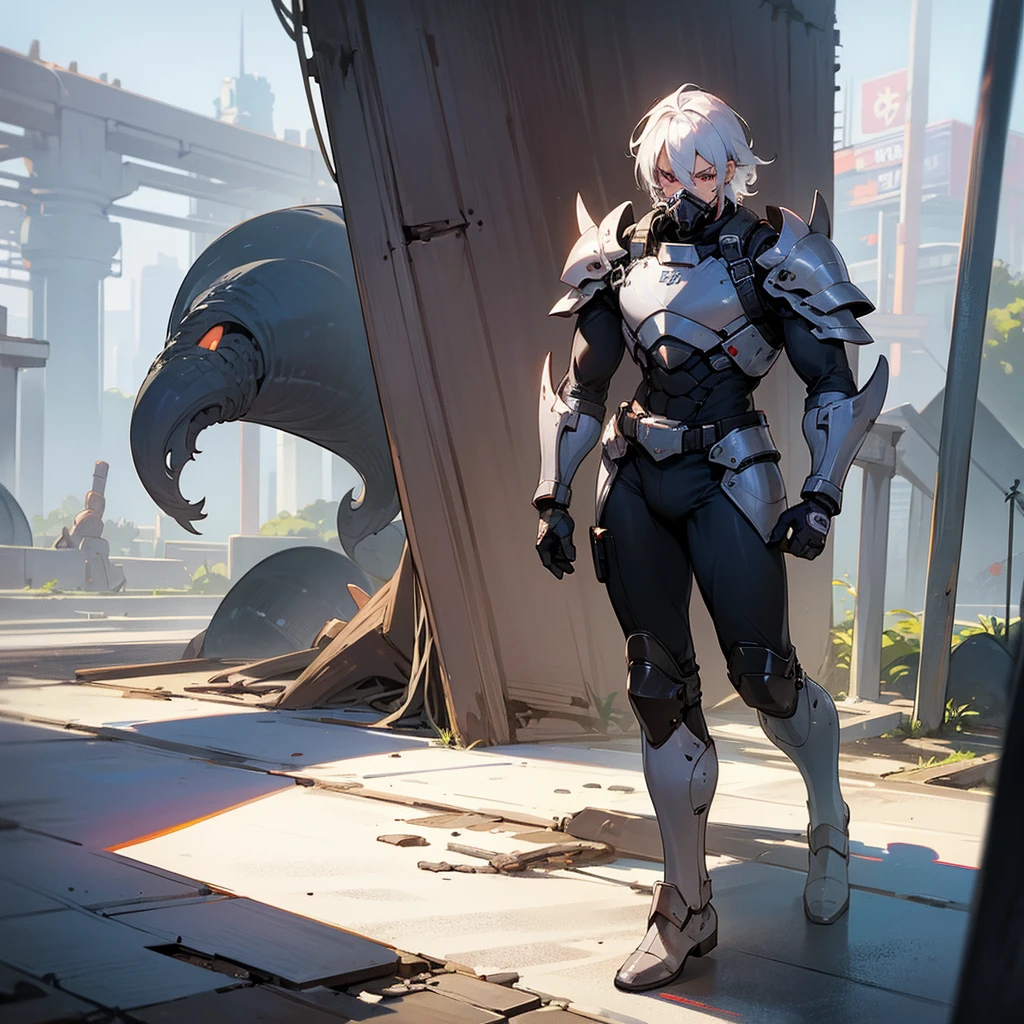 1male, young adult, dark skin, finely detailed plum eyes, wild medium hair, seashell white hair color, full body combat suit, shoulder armor pieces, combat boots, baggy miltarty combat pants, standing on ruined building, day time, tokyo streets, somber expression, muscular, tattoos, wisteria flowers, scars, gasmask