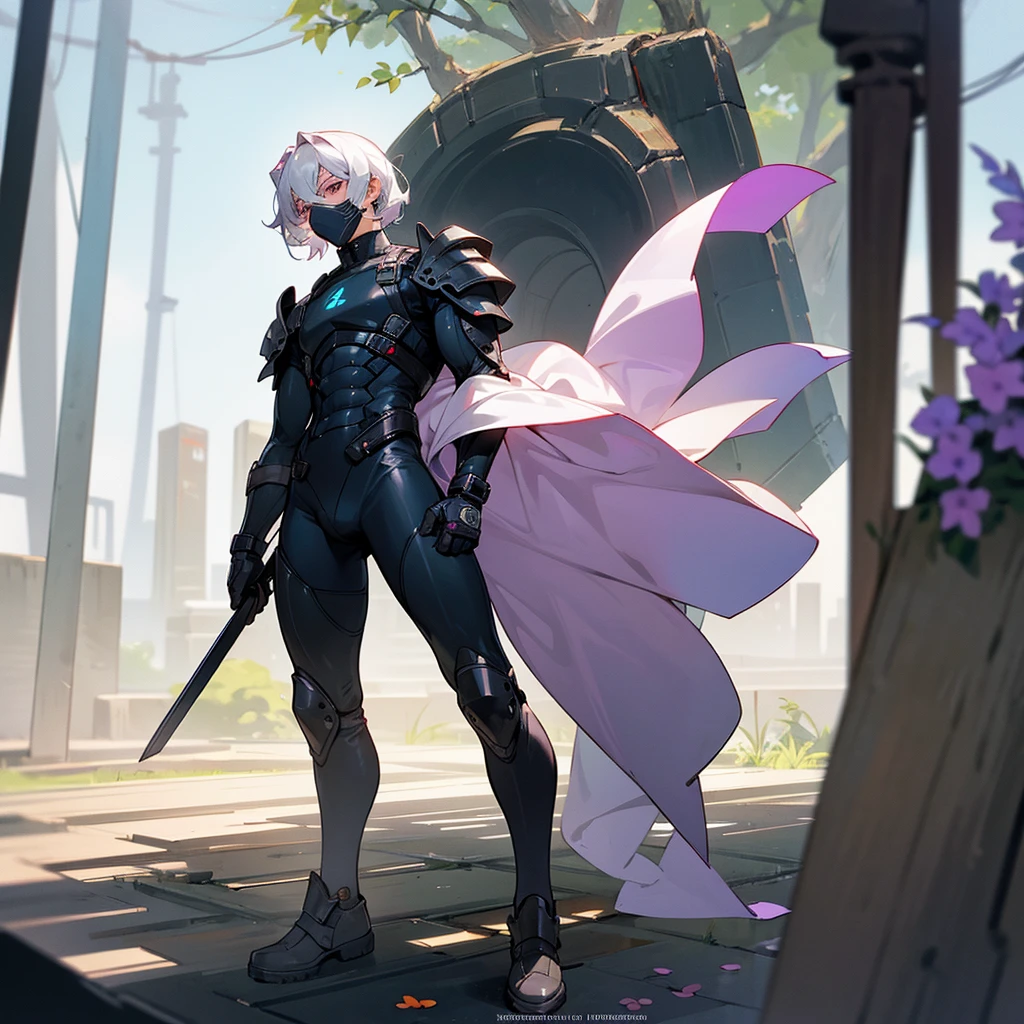 1male, young adult, dark skin, finely detailed plum eyes, wild medium hair, seashell white hair color, full body combat suit, shoulder armor pieces, combat boots, baggy miltarty combat pants, standing on ruined building, day time, tokyo streets, somber expression, muscular, tattoos, wisteria flowers, scars, gasmask