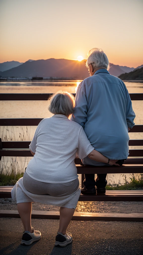 (Two slightly fat white-haired elderly people),Back on the bench,Leaning together,(looking at the sunset),(peaceful), Sky,Cartoon,