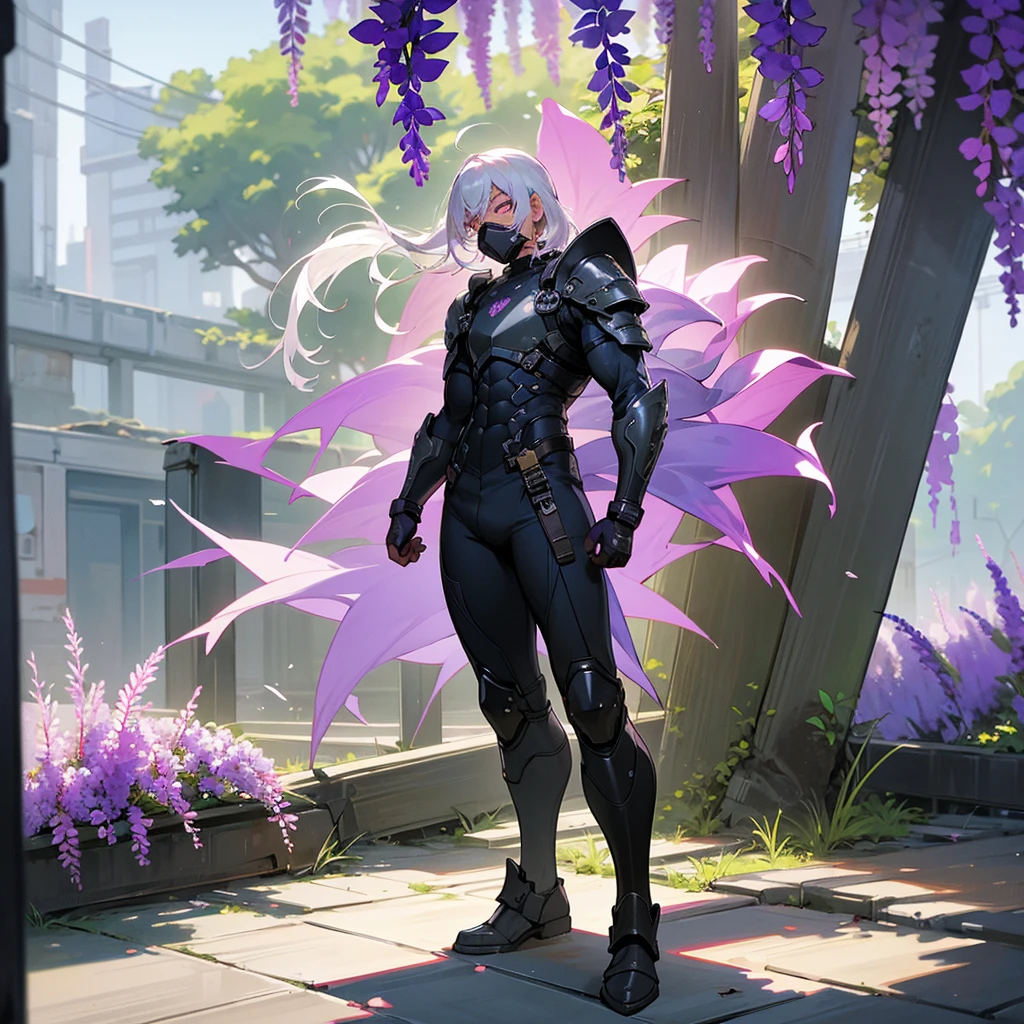 1male,  adult, dark skin, finely detailed plum eyes, wild medium hair, seashell white hair color, full body combat suit, shoulder armor pieces, combat boots, baggy miltarty combat pants, standing on ruined building, day time, tokyo streets, somber expression, muscular, tattoos, wisteria flowers, scars, gasmask