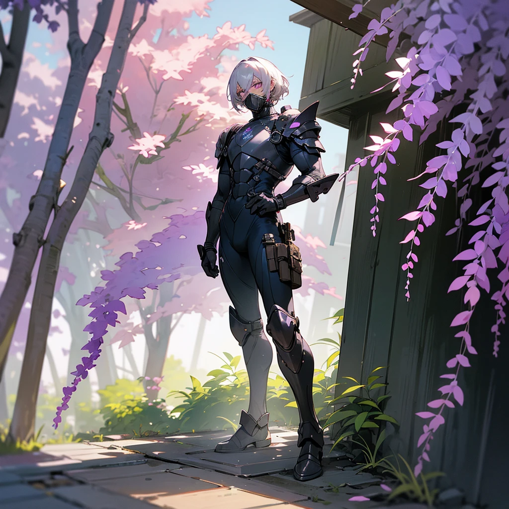 1male, young adult, dark skin, finely detailed plum eyes, wild medium hair, seashell white hair color, full body combat suit, shoulder armor pieces, combat boots, baggy miltarty combat pants, standing on ruined building, day time, tokyo streets, somber expression, muscular, tattoos, wisteria flowers, scars, gasmask