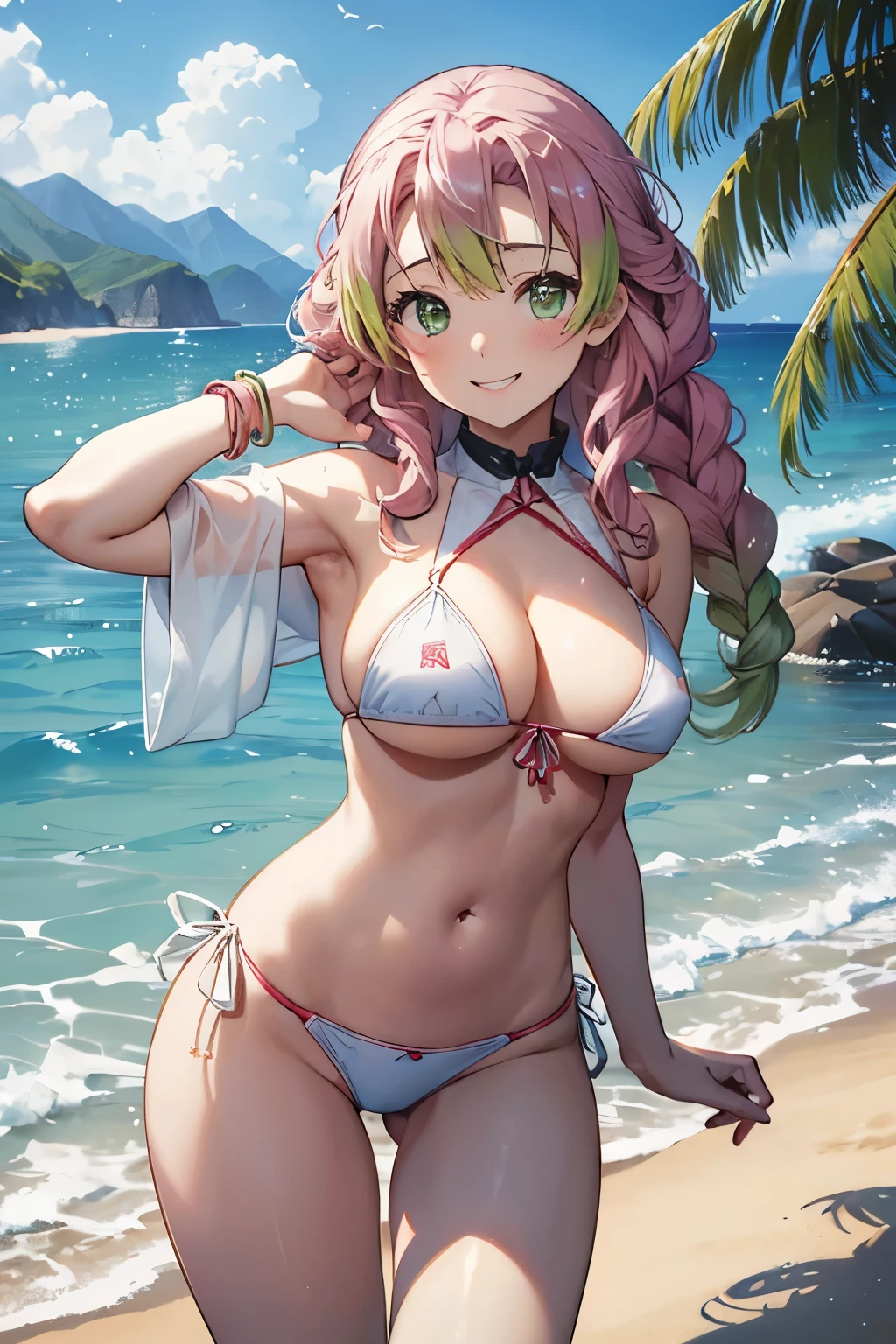 (8K、masterpiece、Highly detailed background、high resolution)、(Mitsuri Kanroji)、Cleavage、(beach、White Bikini、Swim ring、Gravure pose、Embarrassed smile、Nipple protrusion)