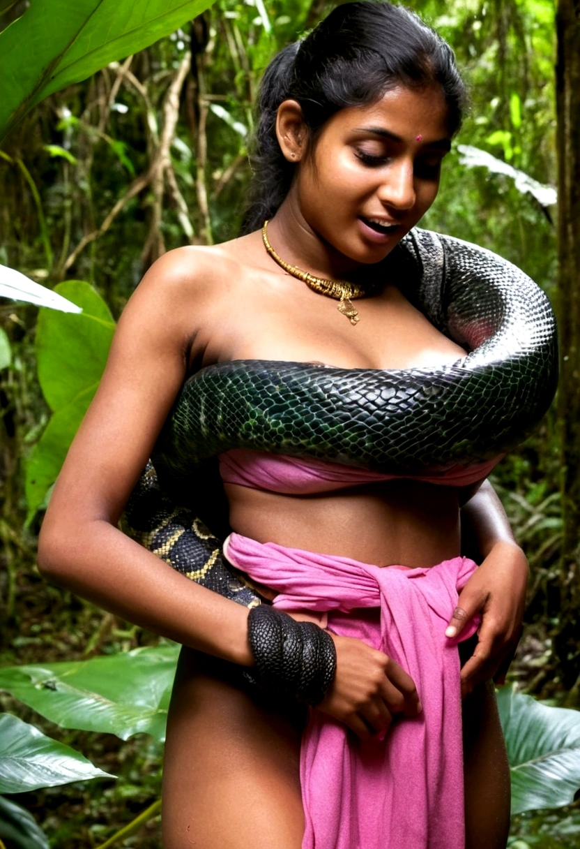 Topless pink thong wearing aroused horny beautiful happy young Indian girl vs Giant black anaconda monster wrapped around her body squeezing her in coiled embrace cuddling and kissing sexual erotic bestiality sex realistic in the rainforest full body, best quality wet