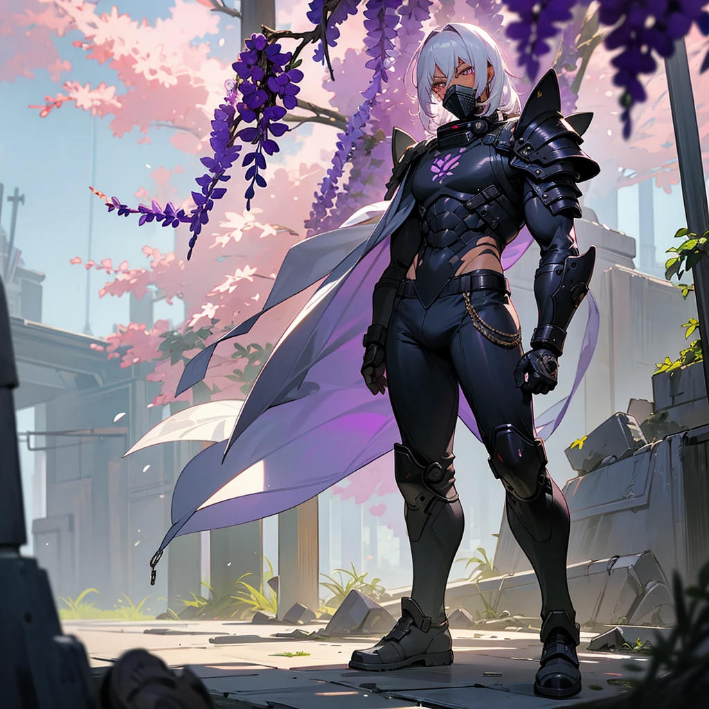 1male, young adult, dark skin, finely detailed plum eyes, wild medium hair, seashell white hair color, full body combat suit, shoulder armor pieces, combat boots, baggy miltarty combat pants, standing on ruined building, day time, tokyo streets, somber expression, muscular, tattoos, wisteria flowers, scars, gasmask