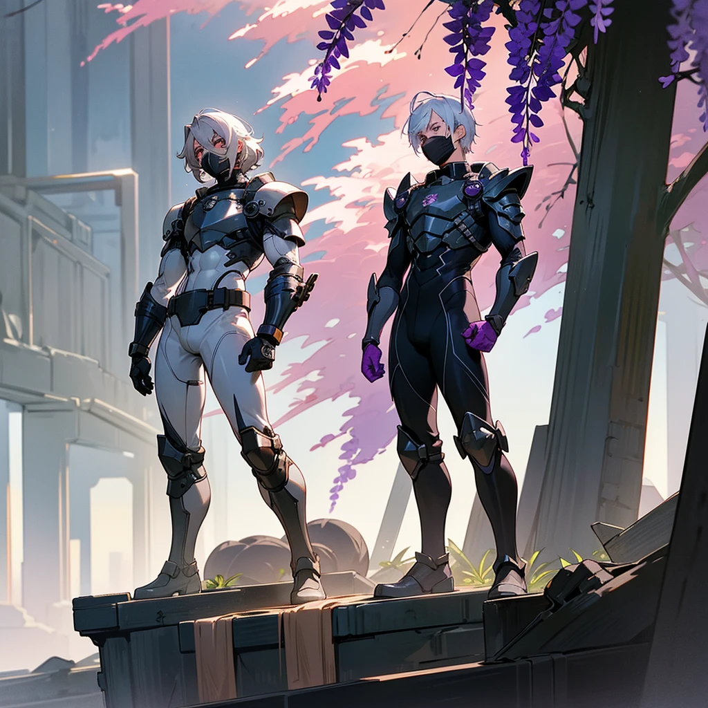 1male, young adult, dark skin, finely detailed plum eyes, wild medium hair, seashell white hair color, full body combat suit, shoulder armor pieces, combat boots, baggy miltarty combat pants, standing on ruined building, day time, tokyo streets, somber expression, muscular, tattoos, wisteria flowers, scars, gasmask