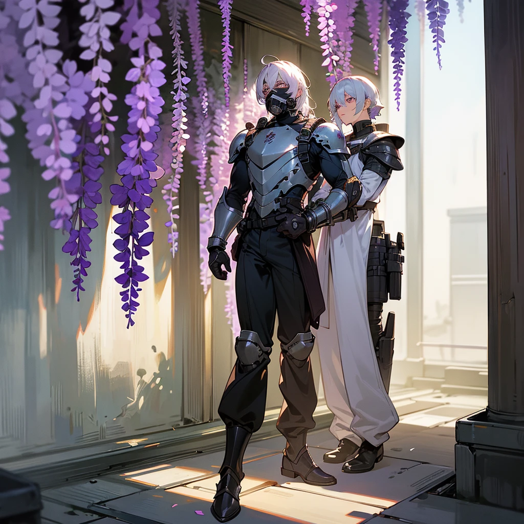 1male, young adult, dark skin, finely detailed plum eyes, wild medium hair, seashell white hair color, full body combat suit, shoulder armor pieces, combat boots, baggy miltarty combat pants, standing on ruined building, day time, tokyo streets, somber expression, muscular, tattoos, wisteria flowers, scars, gasmask