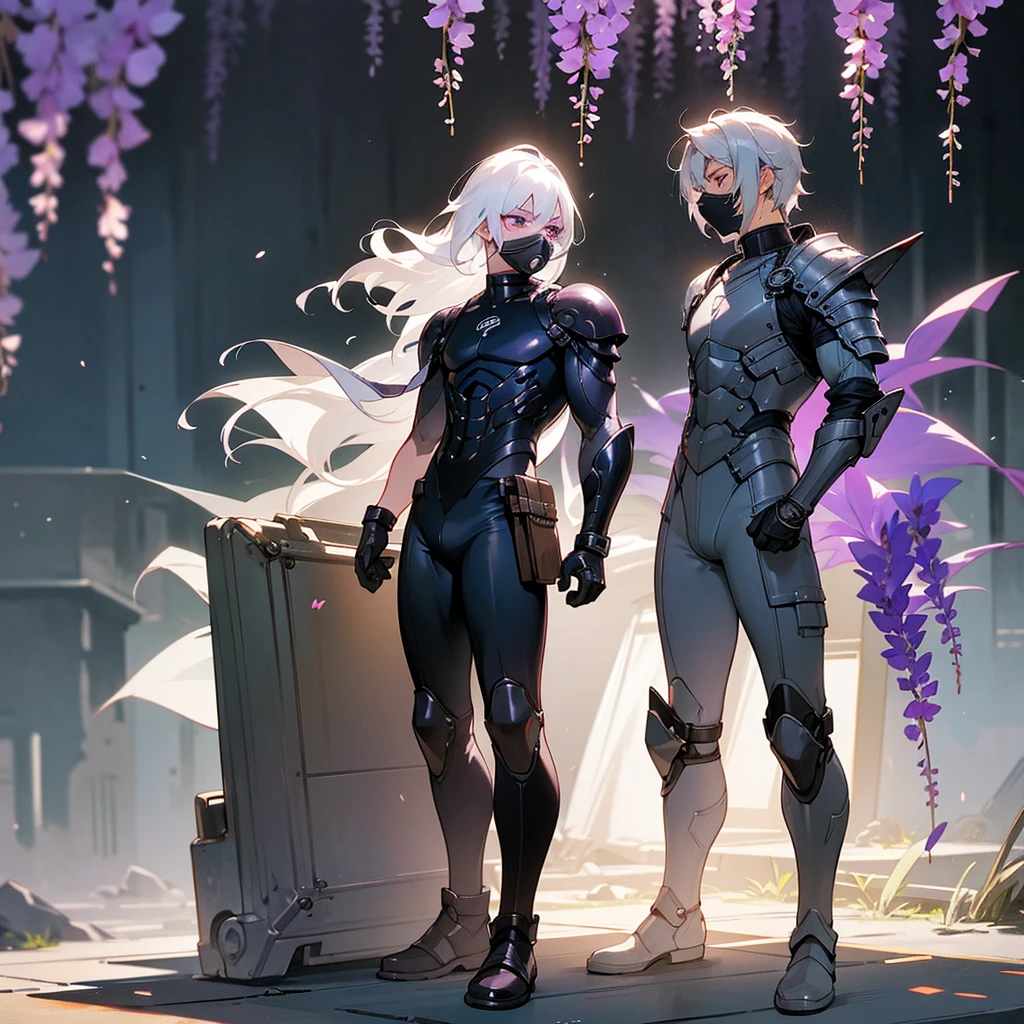 1male, young adult, dark skin, finely detailed plum eyes, wild medium hair, seashell white hair color, full body combat suit, shoulder armor pieces, combat boots, baggy miltarty combat pants, standing on ruined building, day time, tokyo streets, somber expression, muscular, tattoos, wisteria flowers, scars, gasmask