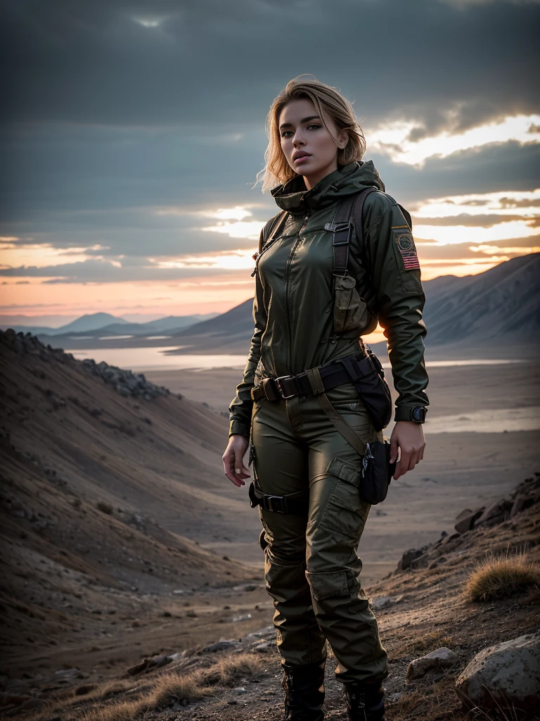 Masterpiece, an ultra hot gorgeous European woman, 23 years old, She’s a playmate and men magazine supermodel. in a post-apocalyptic wilderness (medium shot photo:1.5), military pants, military kaki teeshirt, Badass, post-apocalyptic style, RAW, Dramatic lighting, Natural light, (medium shot photo:1.3), 8K, ultra high res.photorealistic:1.4, UHD, Phase one XF IQ4, 150 MP, post apocalyptic wilderness landscape in the background, (medium shot photo:1.2), backlight.