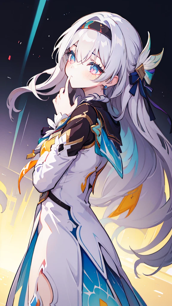 score_9, score_8_up, score_7_up, source_explicit, source_anime, BREAK 1girl, solo, IncrsBlowingKiss, heart, (blowing kiss:1.2), fireflydef, jacket, dress, bow, hairband, hair ornament, grey hair, white background, BREAK depth of field, lights, illumination, Nikkedusk_Style, Waero - Artist Style
