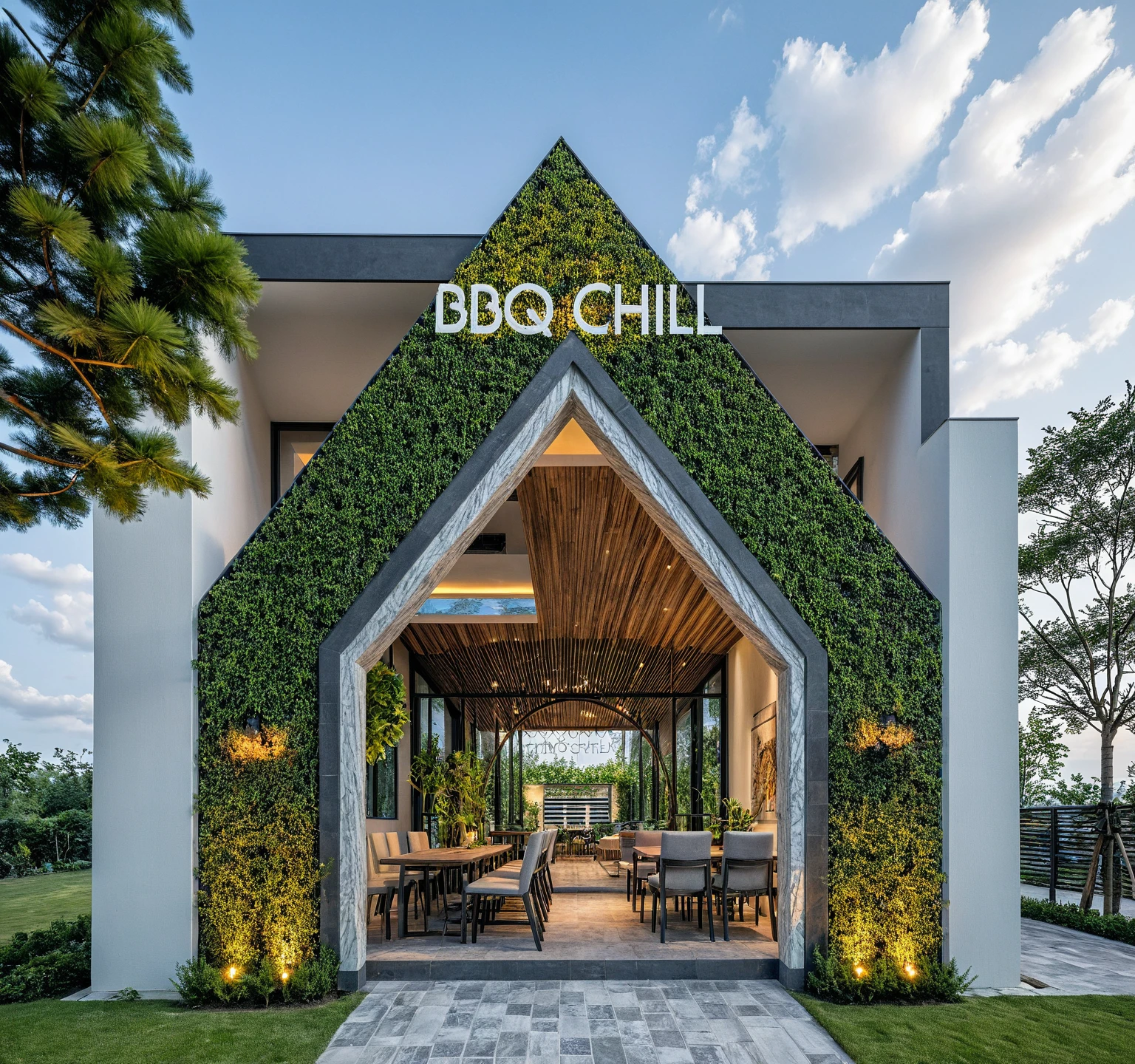 Masterpiece, high quality, best quality, authentic, super detailed, outdoor, aiaigroup, modern townhouse style, stairs, white wall combined with wood, wind encaustic tiles, iron gate, conwood ceiling, flowers, path, summer evening, grass, trees, sky, clouds, (daylight: 1.1)