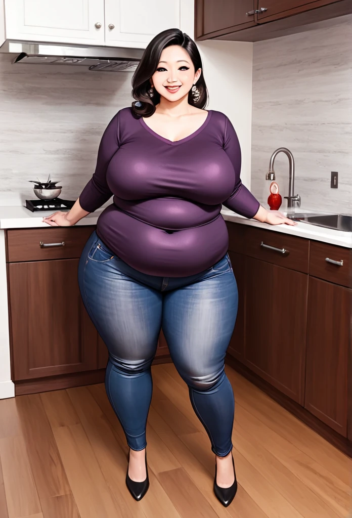 detailed illustration, dynamic angle, ultra-detailed, illustration, 1girl, mid 40’s year old Chinese American woman, during the day, in a fancy home, standing in the kitchen , wood paneled walls, beautiful dark wood floors, oriental rugs, obese and thicc,motherly and nurturing, silk waist-long dark hair, big round firm belly, 350 lbs+ weight, 6’ tall, strained purple sweater, soft smile, look cute, tight clothes, tight mom jeans, very wealthy looking, tall, grey eyes, anime eyes, thick thighs, large protruding belly, belly sag, thunder thighs, thighs always touching 