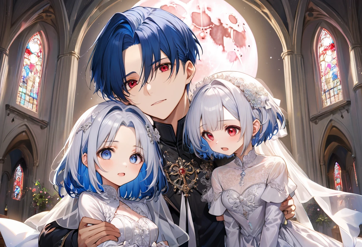 ((boy and girl, boy is hqging her head)), (a crew cut silver hair very short hair divine cool boy, detailed red eyes, Confusion face, flat chest), break, (a forehead blue hair long hair cute bride girl, cute blue eyes), (in the Chapel Terrace), (background detailed biggest pink moon), BREAK, perfect anatomy, masterpiece, best quality, 16k, beautiful detailed night, daydreaming expression.