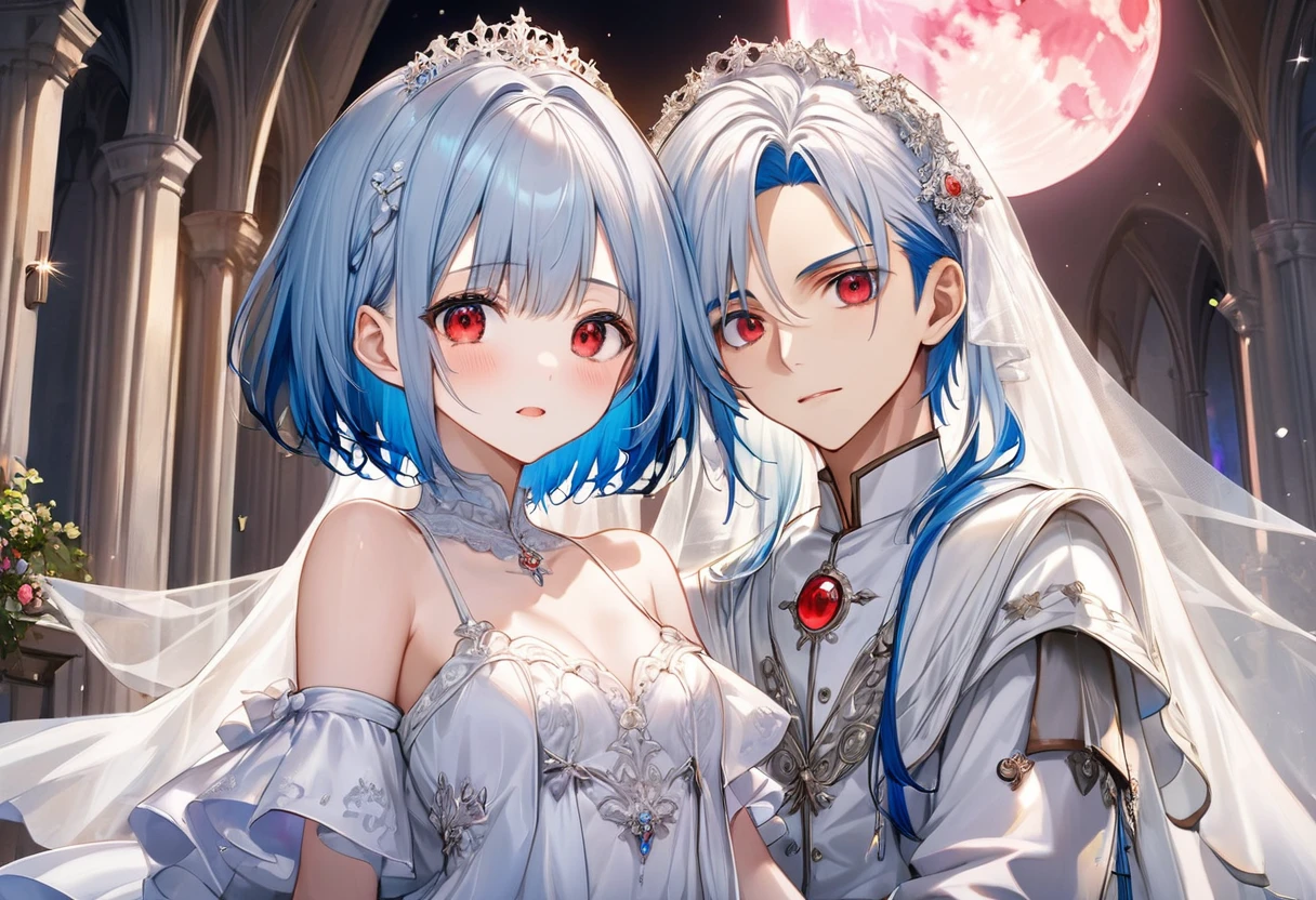 ((boy and girl, boy is hqging her head)), (a crew cut silver hair very short hair divine cool boy, detailed red eyes, Confusion face, flat chest), break, (a forehead blue hair long hair cute bride girl, cute blue eyes), (in the Chapel Terrace), (background detailed biggest pink moon), BREAK, perfect anatomy, masterpiece, best quality, 16k, beautiful detailed night, daydreaming expression.