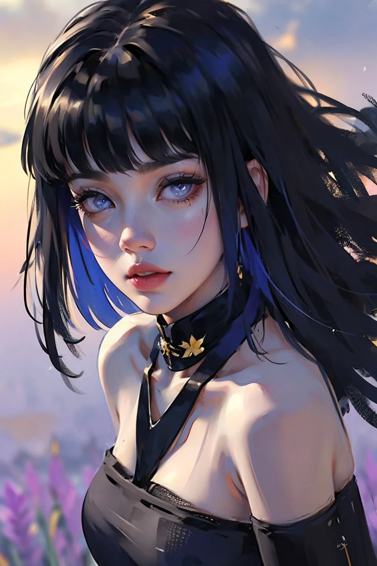 1girl, close up of face, adult, Hinata Hyuga, the last, shy girl, long black hair, blunt bangs, dark hair, Voluminous hair, lavender eyes, no pupils, Lavender Sleeveless Blouse, long black boots, navy blue shorts, Black translucent stockings, holster, bandage on thigh, open sandals, big breasts, wide hips, shapely legs, slim waist, masterpiece, best quality, Professional, realistic.