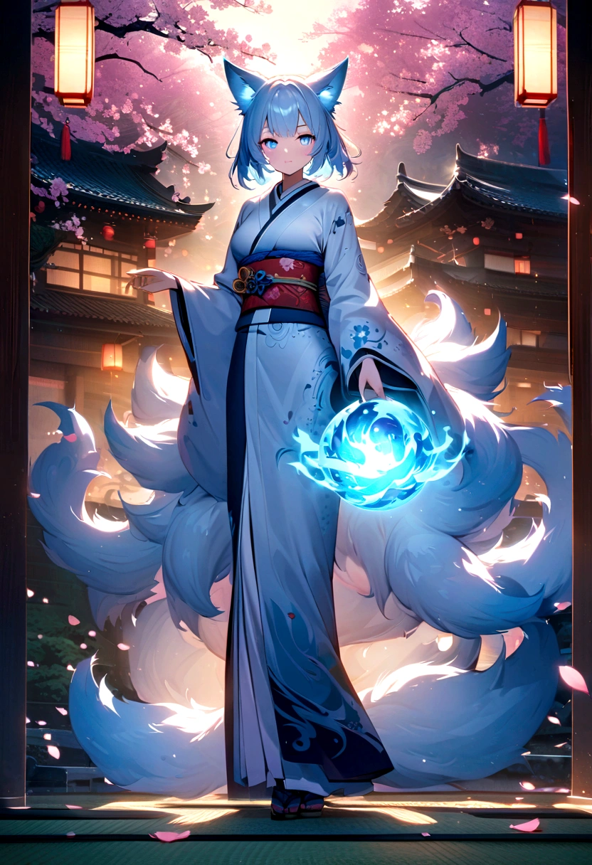 fox Light blue hair beast girl indigo fur fox beast girl Wallpaper 4k,8k,highly detailled,,vivid colors,detailed kitsune with 9 tails,traditional Japanese artwork,tatami floor,beautiful cherry blossoms,floating lanterns,dark silhouette of a pagoda,subtle moonlight,dense forest,ethereal atmosphere,dappled sunlight,whimsical spirit,serene expression,elaborate kimono and obi,delicate hand-painted details,luminous eyes Anime Style fox blue White-faced golden-haired nine-tailed fox Coat blue mysterious background Blue Flame girl have a ball of light