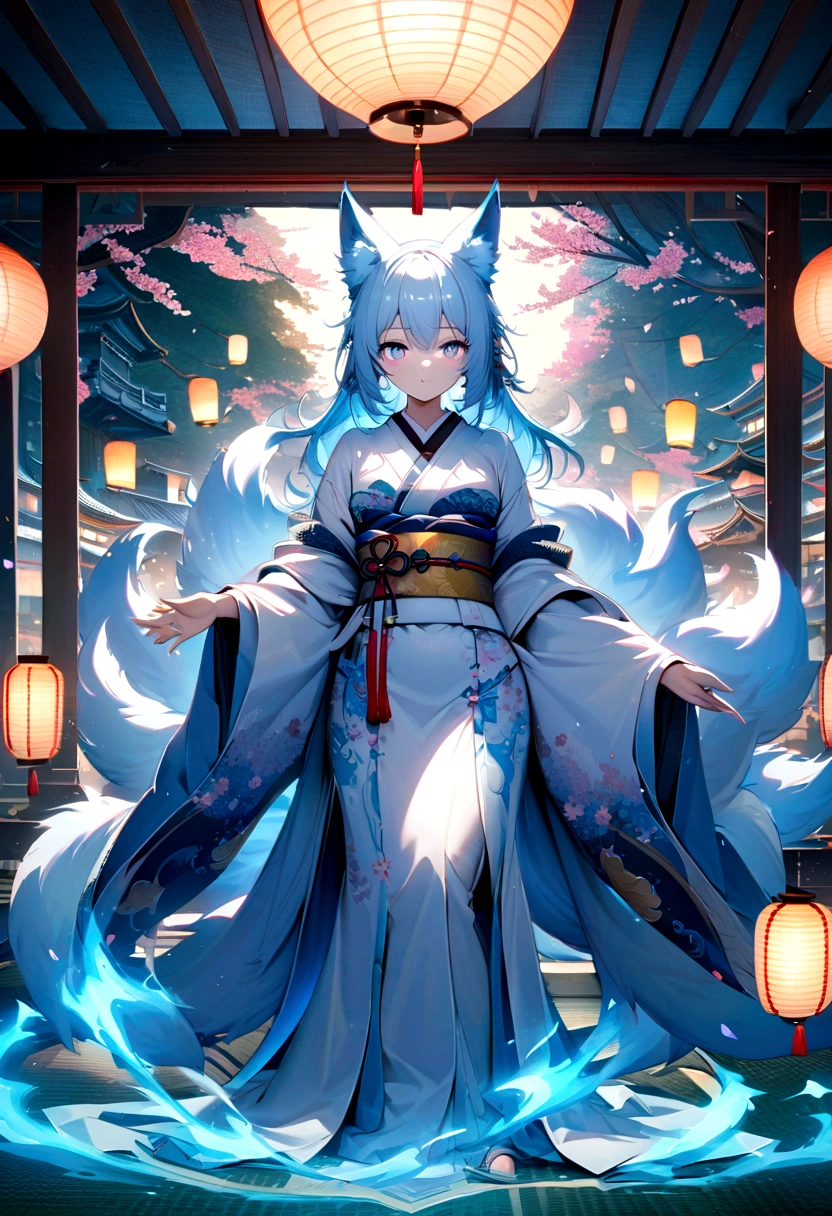 fox Light blue hair 　beast girl　indigo fur　fox beast girl　Wallpaper 4k,8k,highly detailled,,vivid colors,detailed kitsune with 9 tails,traditional Japanese artwork,tatami floor,beautiful cherry blossoms,floating lanterns,dark silhouette of a pagoda,subtle moonlight,dense forest,ethereal atmosphere,dappled sunlight,whimsical spirit,serene expression,elaborate kimono and obi,delicate hand-painted details,luminous eyes　Anime Style　fox　blue　White-faced golden-haired nine-tailed fox　Coat blue　　　mysterious background　Blue Flame　girl　have a ball of light 