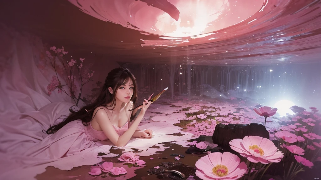 32k, Masterpiece, Highest quality, One girl, Detailed eyes, flower,Sandersonia, Pink and brown style,A dreamy, romantic piece,Pale pink, Mysterious Leaves,A playful arrangement,Fantasy,High Contrast,Ink strokes,explosion,Exposure, Impression of pink and brown tones,Abstract,((Watercolours by John Berkey and Jeremy Mann )) Brush strokes,Negative Space, Tyndall effect,