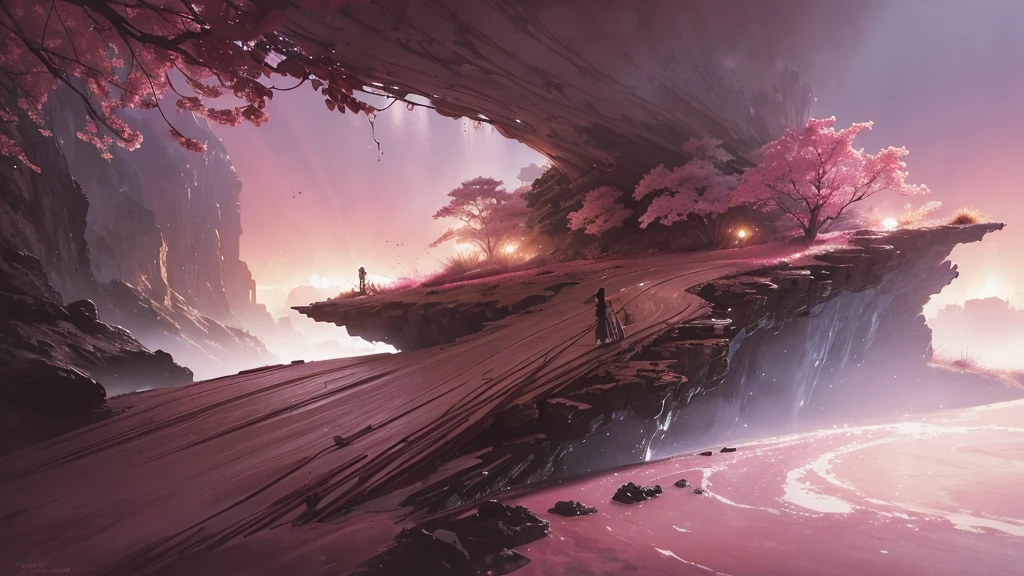 32k, Masterpiece, Highest quality, One girl, Detailed eyes, flower,Sandersonia, Pink and brown style,A dreamy, romantic piece,Pale pink, Mysterious Leaves,A playful arrangement,Fantasy,High Contrast,Ink strokes,explosion,Exposure, Impression of pink and brown tones,Abstract,((Watercolours by John Berkey and Jeremy Mann )) Brush strokes,Negative Space, Tyndall effect,