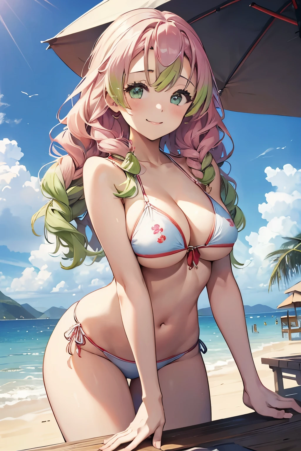 (8K、masterpiece、Highly detailed background、high resolution)、(Mitsuri Kanroji)、Cleavage、(beach、White Bikini、Swim ring、Gravure pose、Embarrassed smile、Nipple protrusion)