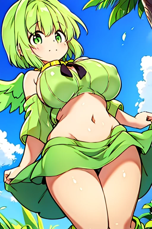 20 year old girl, Angel Girl, Light green wings, chica sexy, green hair, short hair, wide hair, green eyes, short skirt, green skirt, Small strapless blouse, Short blouse up to the abdomen, Blouse sin Olanes, Green long sleeves, Blouse that shows the shoulders, Sin Collar, Shows the navel, green boots, Very big bust, big hips