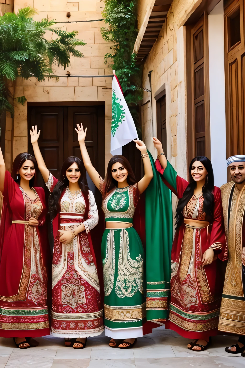Lebanese people in traditional clothes wave hello,best quality