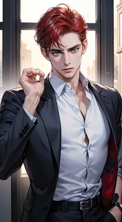 (best quality, masterpiece, 8K, photorealistic, cinematic lighting, 1:4 hdr image, ultra detailed, beautiful image), a mature man, 34 years very handsome, ((cold expression)), short red hair, blue eyes, face perfect without mistakes, ((buttoning his jacket, CEO))