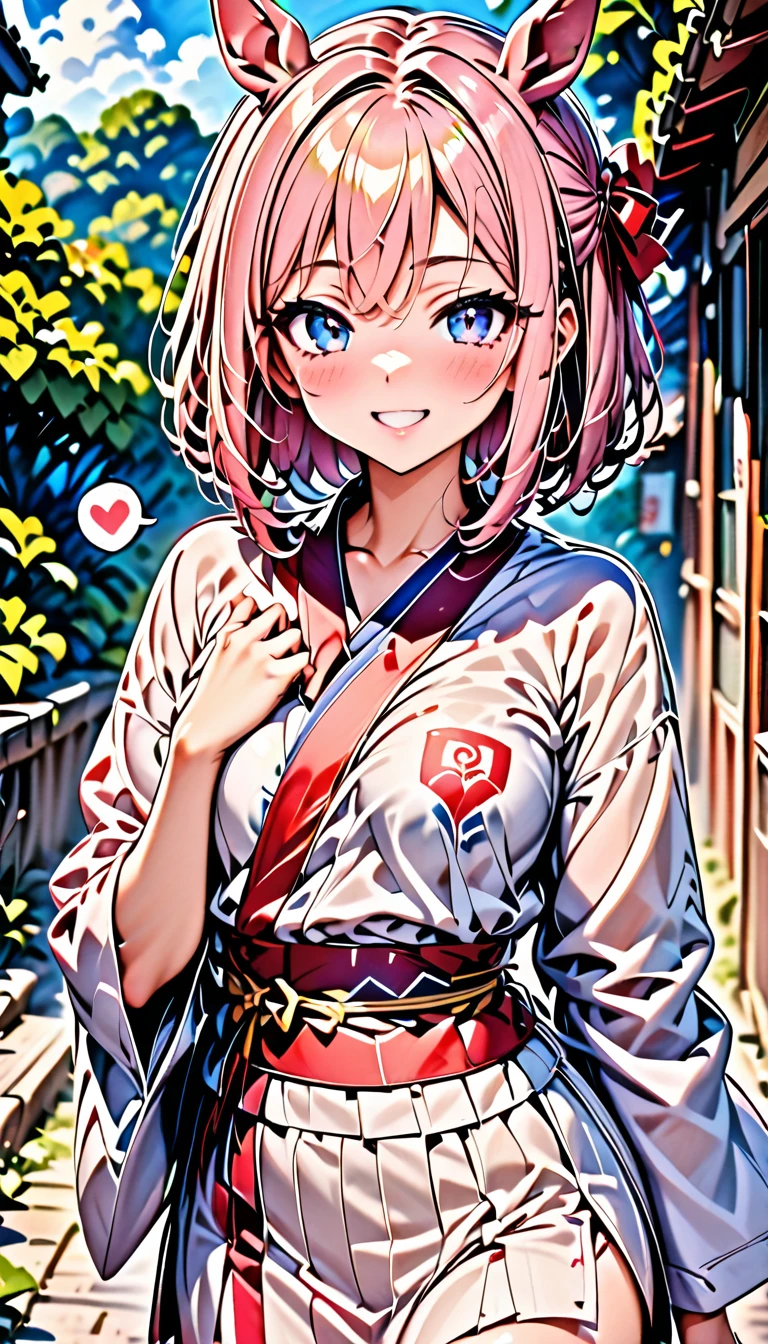 1girl solo, adult ,,
2horse ears, horse girl, 1horse tail, venuespark\(umamusume\), pink hair, short low pigtail(hairstyle)
,big highlight on eyes,
smile, open mouth ,spoken heart vein,
official alternate costume, Japanese style, wafuku, kimono, long sleeves, wide sleeves, summer fine day, smile, looking at viewer,
fashion model, perfect anatomy,
(masterpiece:1.2),(best quality:1.2),newest, intricate details, ai-generated, anime,venus park,wagasa, oil-paper umbrella,