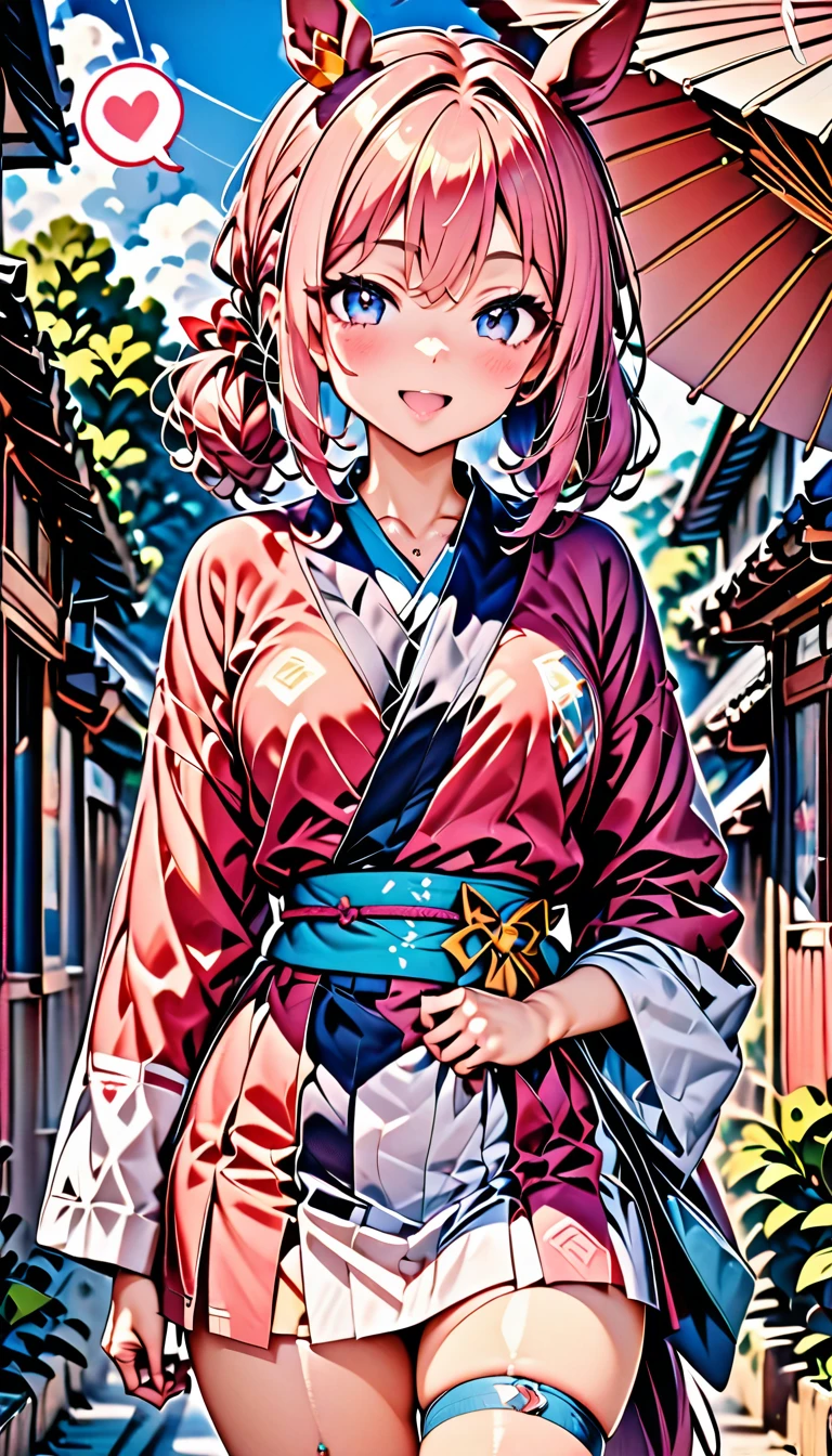 1girl solo, adult ,mature,
2horse ears, horse girl, 1horse tail, venuespark\(umamusume\), pink hair, short low pigtail(hairstyle)
,big highlight on eyes,
smile, open mouth ,spoken heart vein,
official alternate costume, Japanese style, wafuku, kimono, long sleeves, wide sleeves, summer fine day, smile, looking at viewer,
fashion model, perfect anatomy,
(masterpiece:1.2),(best quality:1.2),newest, intricate details, ai-generated, anime,venus park,wagasa, oil-paper umbrella,
